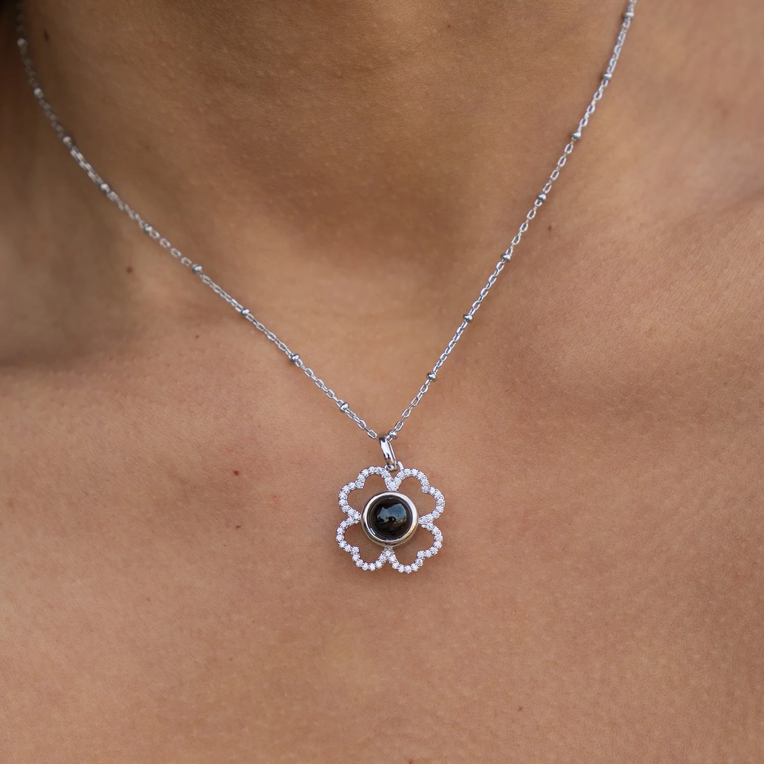 Personalized Pavé Clover Photo Necklace - Image 5